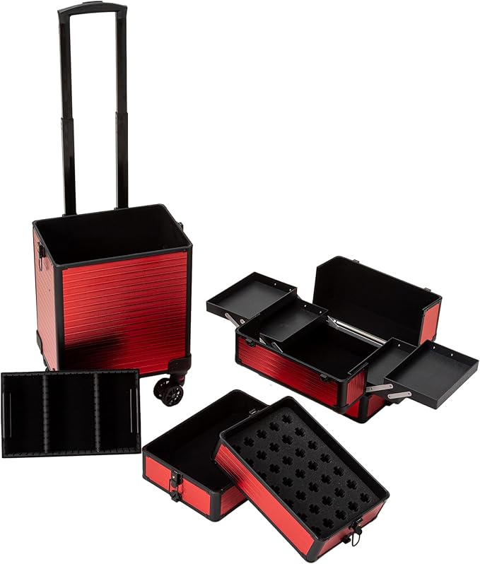4 in 1 Portable Traveling Aluminum Professional Makeup Trolley Cart with Multiple-Sized Compartments and Wheels (Black with red)