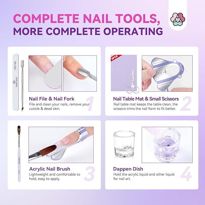 SAVILAND Acrylic Nail Kit with 100% Essential Oil - 2oz Clear Acrylic Powder and Liquid Set 120ml with Nail Practice Mat Dehydrator Primer Professional Acrylic Nail Kit Set for Beginners DIY Nail Art
