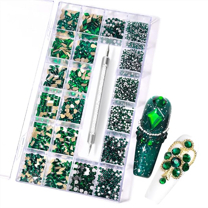 3100Pcs Nail Crystal Rhinestones Kit, Mix Shapes AB Glass, 3D Diamonds Flatback Crystals, with a Drill Pen, Nail Crystal Non Hotfix, Nail Art Decoration (Green)