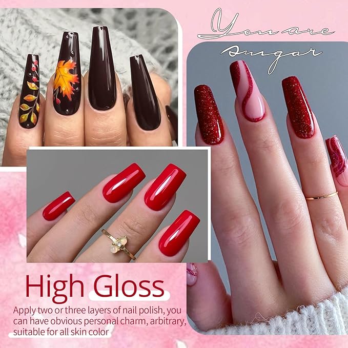 UR SUGAR Red Gel Nail Polish Set, 10 Colors Red Collection Gel Polish Glitter Red Dark Red Burgundy Red Bloody Red Gel Polish Set for All Seasons Soak Off Gel Nail Manicure Gifts Set for Women