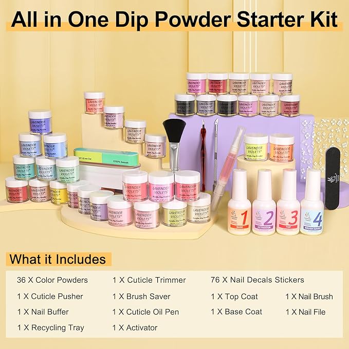 Lavender Violets 48 Pcs Dip Powder Nail Kit Starter, 36 Colors Pink Red Yellow Green Blue with Dip Powder Liquid Set and Essential Manicure Tools for Nail Art Designs B950