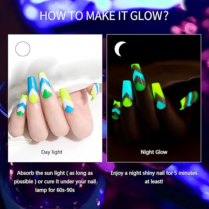 RARJSM Glow In The Dark Gel Liner Art Set - Luminous Painting Gel For Neon Nail Art - Hot Pink, Yellow, Green, Blue, Orange Colors - Christmas Kit