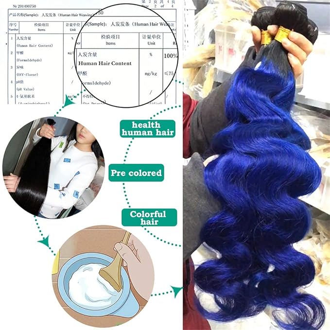 Blue Human Hair Bundles with Closure 100% Remy Brazilian Body 1b/blue Ombre 3Bundle with Closure Hair Unprocessed 10A Virgin Human Hair for Women(16"18"20"+14closure, Body 1b/Blue)