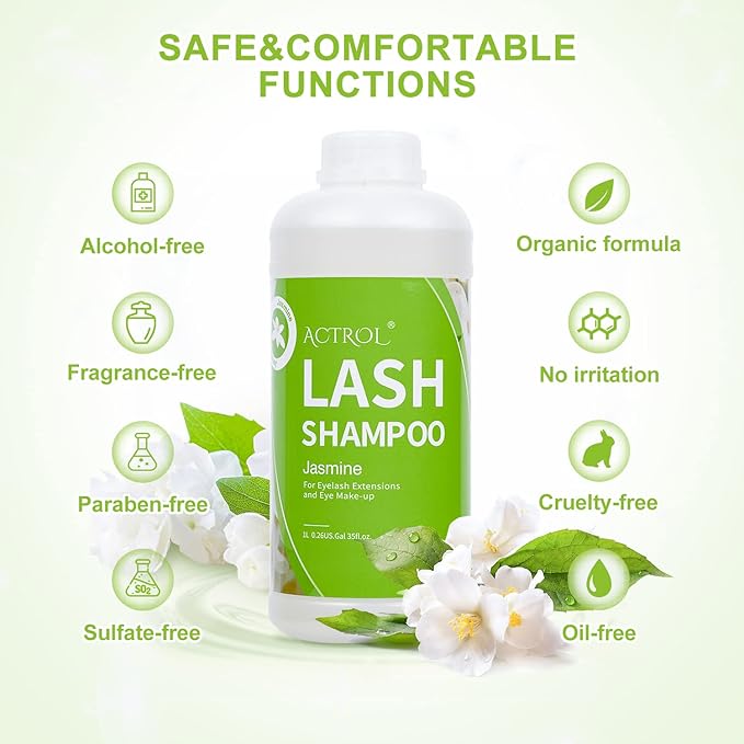 Eyelash Extension Cleanser Jasmine 1L Natural Lash Extension Shampoo Professional Eyelid Foaming Cleanser Paraben & Sulfate Free Non-lrritating with Salon and Home Care