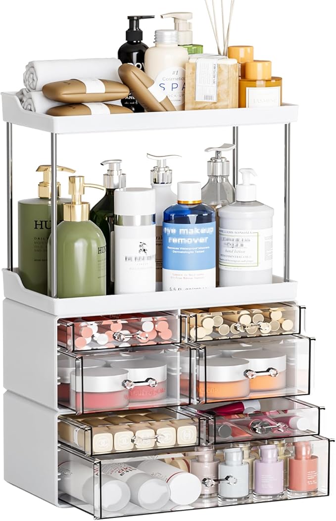 3 Pack Bathroom Organizers and Storage Countertop With 7 Drawers,Stackable Skincare Products Organizers,18.9" Tall Large Capacity Skincare Organizer and Exquisite Top of Dresser Organizer,White
