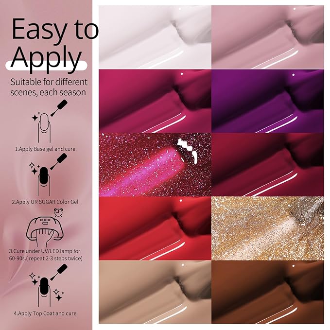 UR SUGAR Gel Nail Polish, 10 Colours Valentine's Purple Red Brown Light Pink Red Rose Gold Glitter Gel Polish Sets Soak Off Gel Nail Varnish Gifts for Women DIY Home