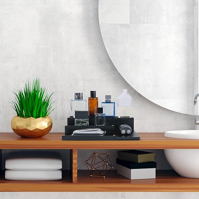 Cologne Organizer for Men, Bamboo Wood 4 Tier Display Stand with 2 Hidden Compartments, Perfume, Vanity, Dresser, EDC Organizer, Rustic Black