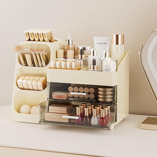 Delamu Makeup Organizer with Drawers for Vanity, Spacious Cosmetic Display Case with Makeup Brush Holder, Perfect Vanity Bathroom Organizer and Storage Solution for Skincare & Beauty Essentials, Beige
