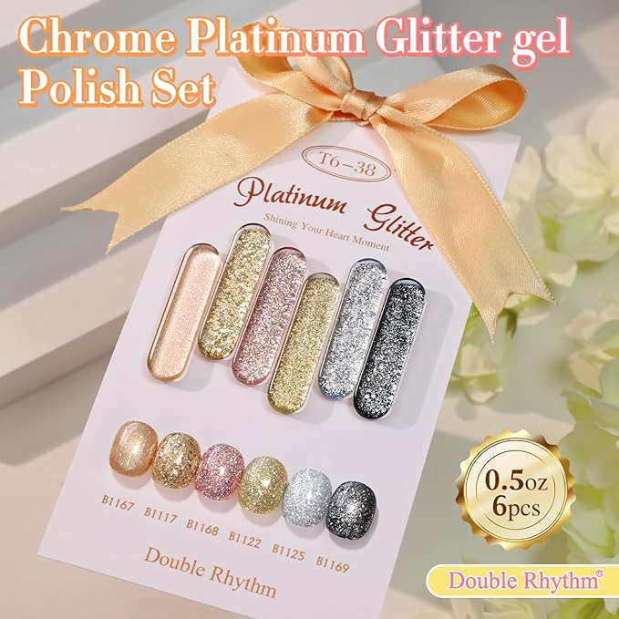 Double Rhythm 0.5 Oz Glitter Gel Polish Set of 6 Color with Display Borad 15 ml Full Size Kit Shimmer Reflective Sparkle Soak Off Manicure Salon DIY at Home (Rose Gold Silver Black Bright-T6-38)