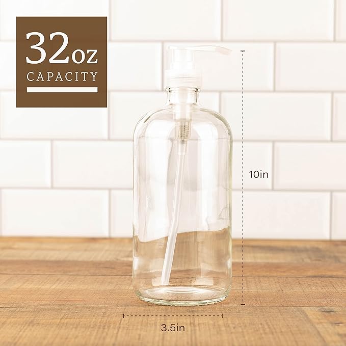 kitchentoolz 32-Ounce Large Clear Glass Boston Round Bottles w/Natural Color Pumps. Great for Lotions, Soaps,Oils, Sauces - Food Safe and Medical Grade (Pack of 2)