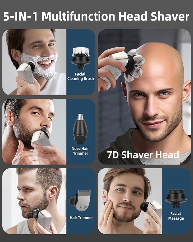 Head Shavers for Bald Men,7D Detachable Electric Bald Head Shaver,5-in-1 Dry Wet Bald Head Shavers for Men,IPX7 Waterproof Electric Razor for Men with Led Display, Argent