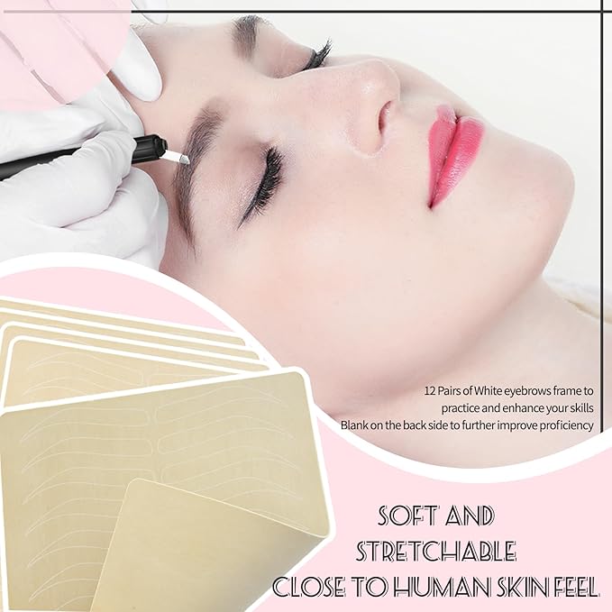 12Pcs Microblading Practice Skin Brow Practice Face Sheet Double Sided Inkless Eyebrow Shaped for Ombre Brows Practice Permanent Makeup PMU Supplies Tattoo Fake Skins Eyebrow Lip Blushing Training