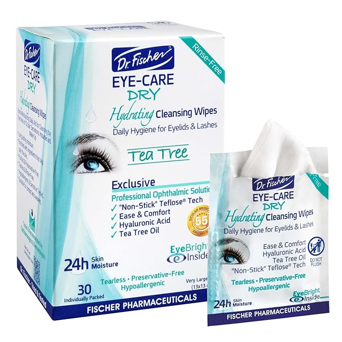 Dr. Fischer Tea Tree Eyelid Wipes - Gentle Eye Wipes for Everyday Eye Cleansing and Hypoallergenic Makeup Remover (6 packs of 30 wipes each).
