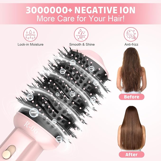 Hair Dryer Brush Blow Dryer Brush in One, 4 in 1 Hair Dryer and Styler Volumizer with Oval Barrel, Professional Salon Hot Air Brush for All Hair Types, Bright Pink