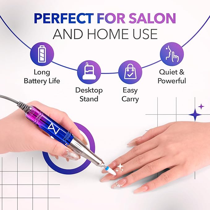 M Mase- Professional Nail Drill Machine - 2-in-1 Nail File - Cordless, 35000 RPM, HD Display - Gift for Her - Electric Nail Drill for Professional & Home Use (Unicorn Pink Blue)