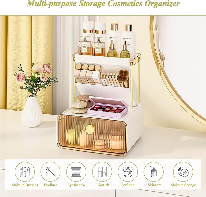 Makeup Organizer with Storage Drawer,Cosmetic Display with Lipsticks Brush Holder Perfume Tray,Organize Cosmetics and Beauty Supplies for Vanity,Dresser,Bathroom,Desktop Organizer,Amber