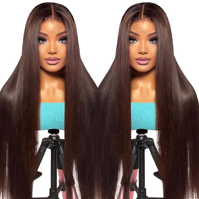 Azkiu 30Inch Brown Straight Human Hair Lace Front Wigs 13x4 HD Lace Frontal Closure Chocolate Human Hair Wig Pre Plucked with Baby Hair 180% Density Brazilian Virgin Human Hair Wigs for Women