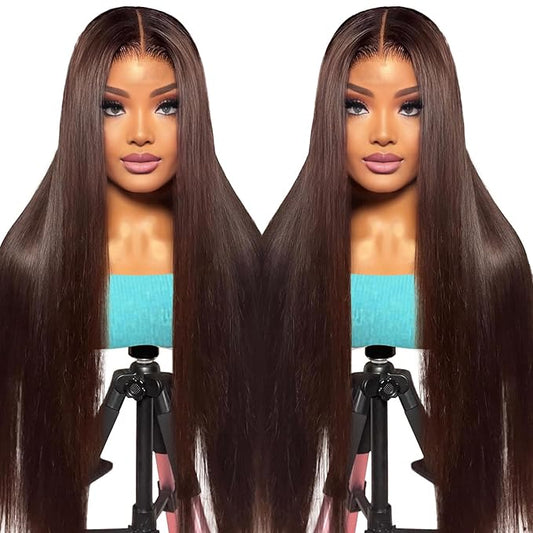 Azkiu 30Inch Brown Straight Human Hair Lace Front Wigs 13x4 HD Lace Frontal Closure Chocolate Human Hair Wig Pre Plucked with Baby Hair 180% Density Brazilian Virgin Human Hair Wigs for Women