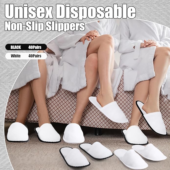 Ramede 80 Pairs Non Slip Disposable Slippers Bulk Hotel Spa Fluffy Closed Toe Indoor Slippers for Guests Men Women Home Wedding Travel Party