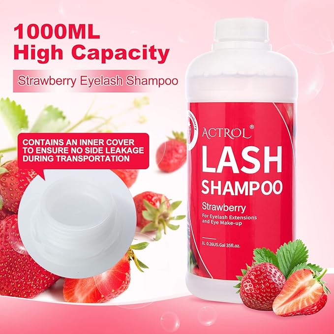 Eyelash Extension Cleanser Strawberry 1L Natural Lash Extension Shampoo Professional Eyelid Foaming Cleanser Paraben & Sulfate Free Non-lrritating with Salon and Home Care