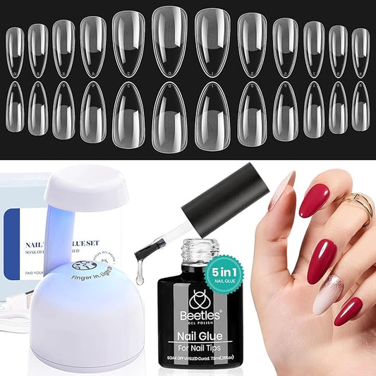 Beetles Gel Nail Kit Easy Nail Extension Set Etch X Nail Tips 500Pcs Half Matte Pre-filed Medium Almond Nail Tips with 5 in 1 Mutipurpose Glue Gel Base Uv Led Nail Lamp DIY Manicure Art