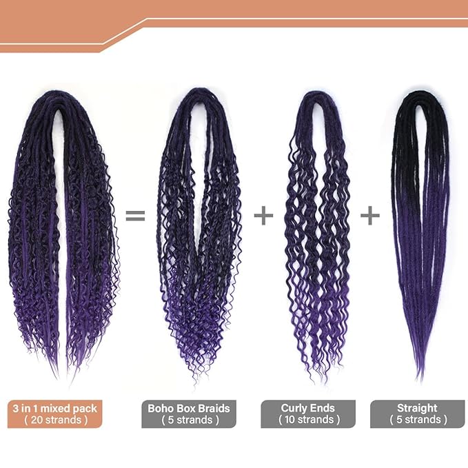 24 Inch Double Ended Dreadlock Extensions Sets, 20 Strands 3 In 1 Mixed Synthetic Dreads Extensions, Ombre Purple Straight&Curly&Boho Handmade Dreads Hippie Style Dreadlocks for Woman