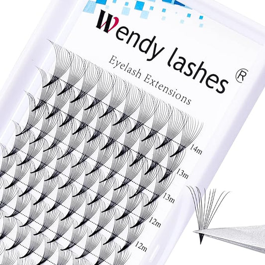 Volume Lash Extensions 10D Premade Fans Eyelash Extensions 0.07mm Thickness C/D Curl Short Stem Premade Volume Eyelash Extensions Pointed Base Fans by WENDY LASHES(10D-0.07-D, 8-14mm Mixed Tray)