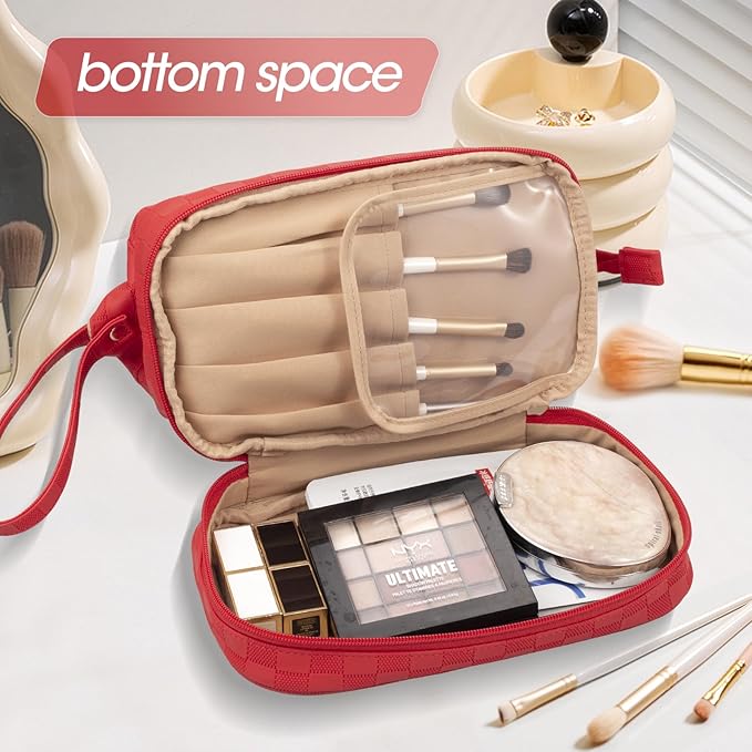 Abiudeng Large Capacity Makeup Bag Ladies Cosmetic Bag Travel Bag with Compartments Portable PU Leather Travel Makeup Bag with Handle