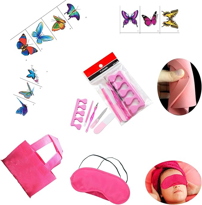 108PC Spa Party Favors Supplies for Girls, Multiple Spa Birthday Prize Item- Spa Pedicure Slipper Tote Bag Mini Emery Board Toe Separator Body Flower Mixed Nail Decal Set, Perfect Gift for Spa Day