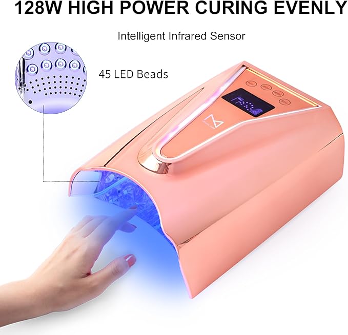 M - Crystal Cure 128W UV/LED Nail Lamp | Fast Curing with 45 Powerful LEDs | Cordless, Rechargeable, Auto Sensor |Gift Mom Professional Gel Nail Dryer for Manicures & Pedicures (Rose Gold)