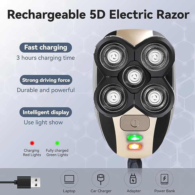 Head Shavers for Bald Men, 5 in 1 Electric Razor with Rechargeable Battery, Hair Clipper, Portable Travel Razor, Idea Gift for Men(Gold)