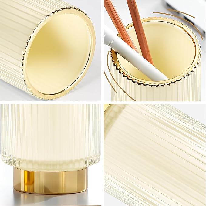 DASITON Makeup Brush holder Organizer,Crystal Cosmetic Makeup Brush Glass Brushes Storage Holder, Vintage Make Up Brush Cup Pen Pencil Holder striped vase(Cream S)