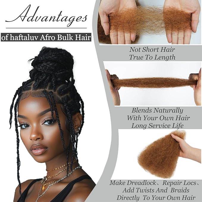 Afro Kinkys Bulk Human Hair 10 Inch 100g Auburn Brown Afro Kinky Curly Human Hair Bulk for Dreadlock Extensions, Micro Locs, Braiding Twists, Braids and Repair Locs(10 Inch, 30#)
