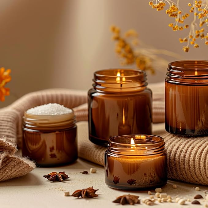 KEYWING 1oz Amber Glass Jars with Black Lids, 36 Pack Small Round Glass Cosmetic Jars with Inner Liners for Lotions, Cream, Powders and Ointments