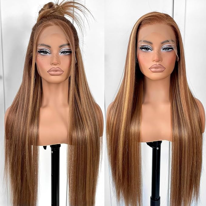 360 Highlight Ombre Lace Front Wig Pre Plucked Honey Blonde Long Straight HD Lace Front Wigs Yaki Synthetic Glueless Straight Lace Front Wig 32inch