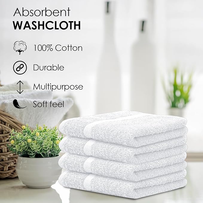 Avalon Towels Cotton Washcloths – (Pack of 60) Size 12x12 Inches, 100% Ring Spun Cotton, Soft & Absorbent Face Towels, Gym Towels, Hotel and Spa Quality, Reusable Fingertip Towels (White)
