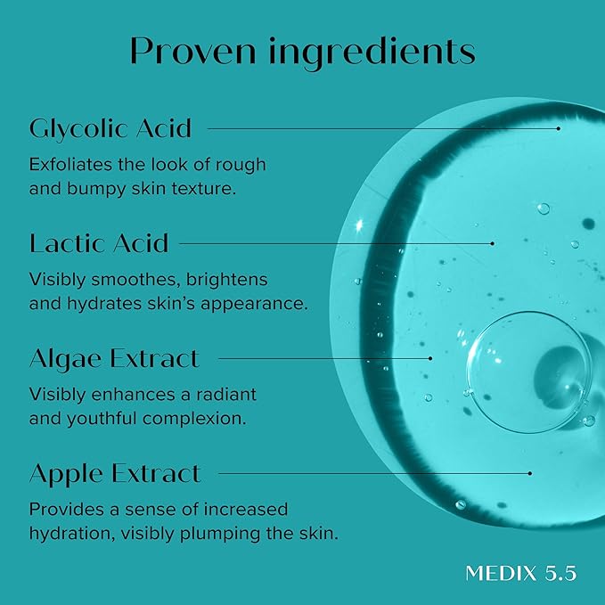 Medix 5.5 10% Glycolic Acid + Lactic Acid Leave-On Exfoliating Body Gel, AHA Exfoliant Body & Face Serum Refines + Softens Dry Dead Skin, Bumpy Skin, Uneven Skin Tone, KP Bumps, & Wrinkles, 2PC
