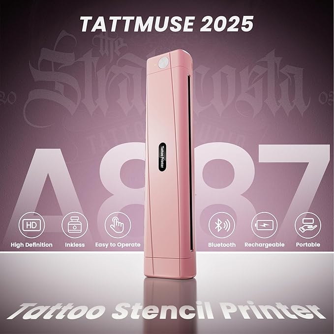 2025 New Version Tattoo Stencil Printer with 10pcs Transfer Paper, Wireless Thermal Tattoo Transfer Printer, Bluetooth Portable Tattoo Machine Compatible with Smartphone & Pad, Pink