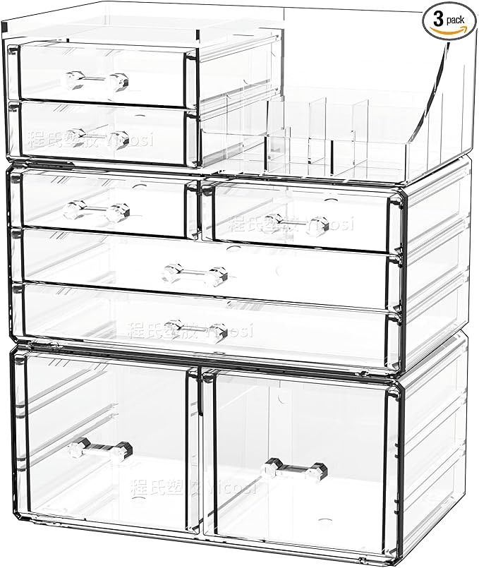 Cq acrylic 3 Pack Clear Makeup Organizer Countertop,Stackable 8 Drawers Skin Care Organizer,Cute Make Up Organizers for Vanity Jewelry,Hair Accessory,Beauty,Skin Care,Skincare Product Desk Storage