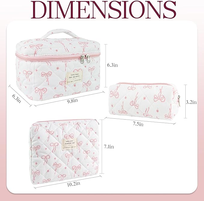 3Pcs Quilted Makeup Bag, Cute Floral Cotton Cosmetic Bag set, Coquette Bow Makeup Pouch Large Travel Toiletry Bag