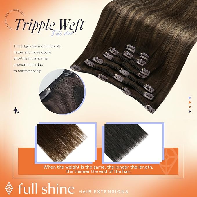 Full Shine Dark Brown Clip in Hair Extensions Balayage Hair Extensions Clip ins 135 G Remy Hair Extensions Dark Brown to Ash Brown Human Hair Clip in Extensions 16 Inch 7 Pcs