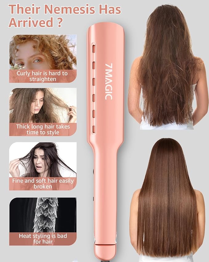 7MAGIC Nano Titanium 1.7" Wide Flat Iron for All Hair, Flat Iron Hair Straightener with 5 Temps and Dual Voltage, Hair Straightener for Wet & Dry Hair, Fast Straightening Hair Iron, Rose Gold