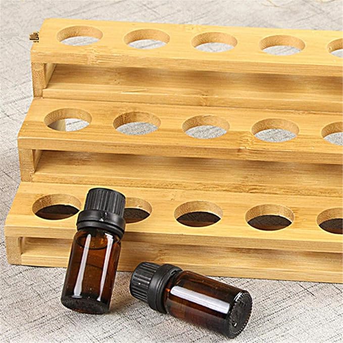 Pure Vie 3 Tier Essential Oil Bottles Wooden Storage Display Stand Travel Display Presentation Holder, Cosmetic Aromatherapy Organizer Rack Nail Polish Fragrance Container - Holds 18 Slots (30 ml)