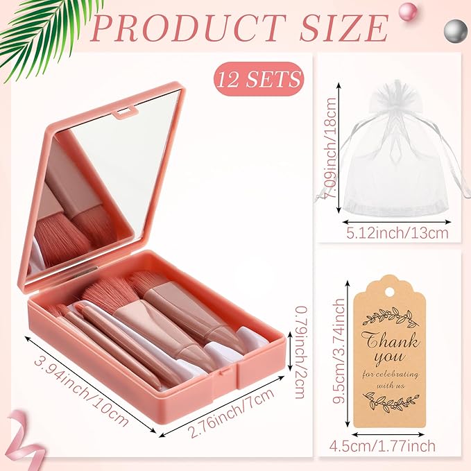 12 Set Travel Makeup Brush Set Bulk with Mirror Mini Travel Makeup Brushes Thank You Cards and Organza Bag Bridesmaid Gift for Bachelorette Party Gift Wedding(Pink)
