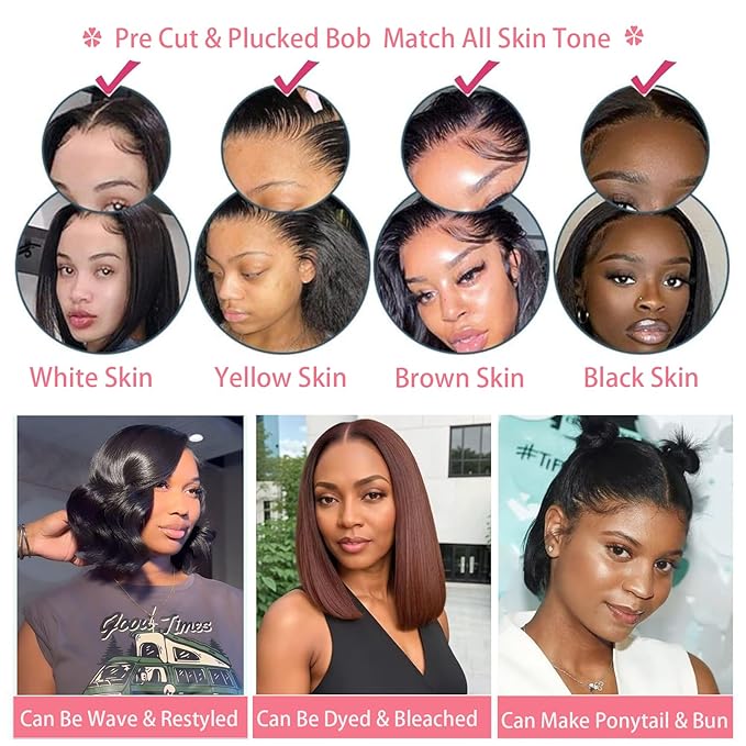 5x5 Hd Lace Closure Wigs Human Hair 250 Density Glueless Wigs, Pre Plucked Bob Wigs For Black Women, 100% Straight Bob Wig Human Hair Free Part, Short Wigs Wear And Go 14 Inch