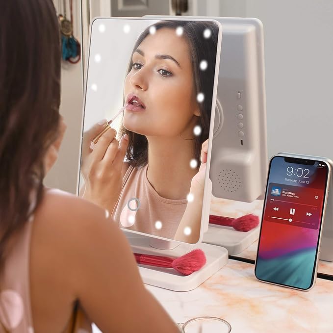Aduro Vanity Mirror Makeup Mirror With Lights And Wireless Speaker, U-Reflect Beauty LED Wireless Swivel Smart Home Audio Mirror With Tray (White)