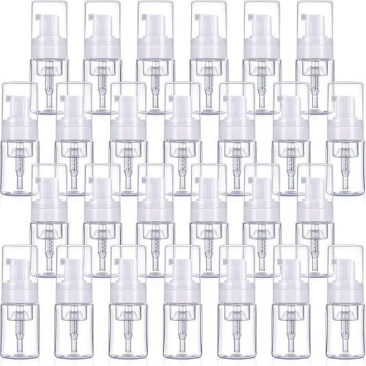 50 Pack Foam Pump 1oz/30ml Refillable Dispenser Travel Size Plastic Mini Bottle for Lash Shampoo, Cleaning, Cosmetics - Portable Clear Foaming Packaging
