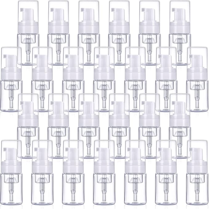 50 Pack Foam Pump 1oz/30ml Refillable Dispenser Travel Size Plastic Mini Bottle for Lash Shampoo, Cleaning, Cosmetics - Portable Clear Foaming Packaging