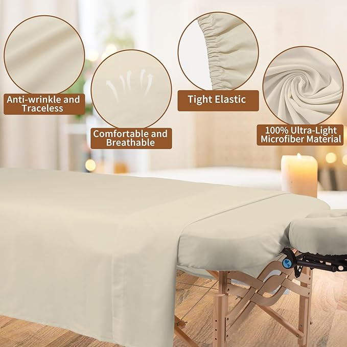4 Sets Premium Microfiber Massage Table Sheets Set 3 Piece Set Includes Massage Table Cover Fitted Sheet and Fitted Face Rest Cover, Beige