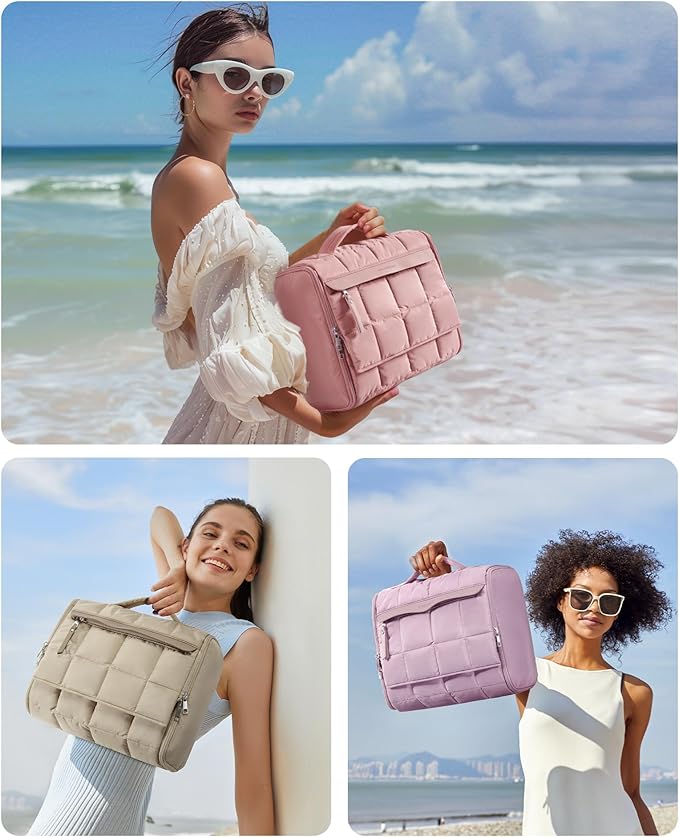 BAGSMART Travel Toiletry Bag, Extra Large Full-open Hanging Toiletry Bag for Women, Puffy Cosmetic Makeup Bag Organizer with Handle for Accessories, Essentials, Toiletries (Dark Pink)